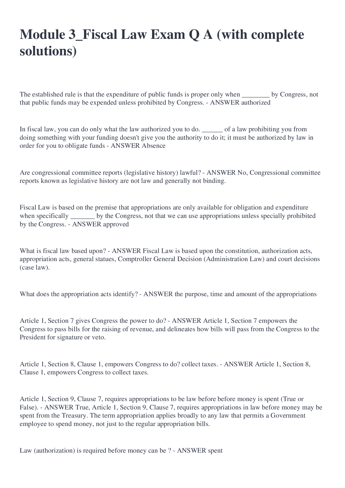 Preview image for Module 3_Fiscal Law Exam Q A (with complete solutions)